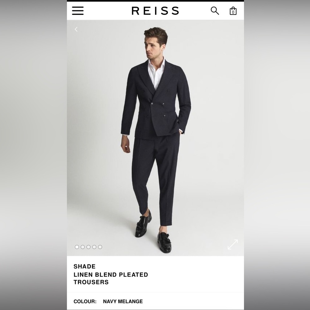 Reiss Navy 32W Pleated Trousers with Side Tabs